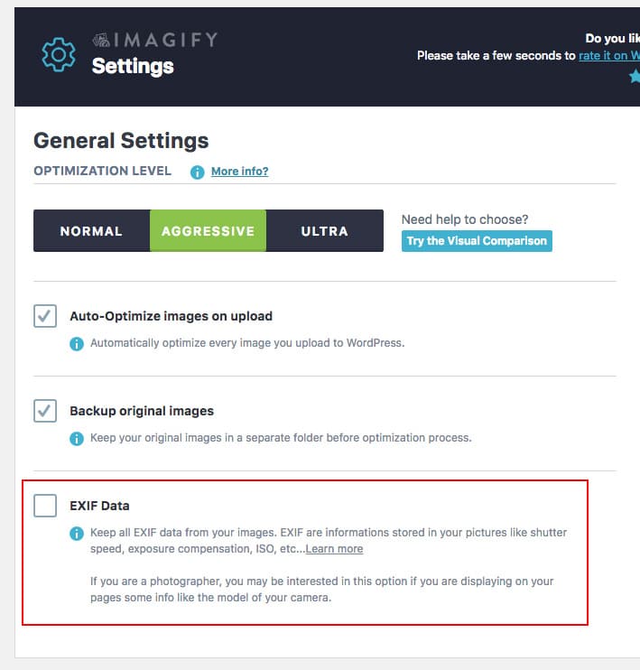 チェックを入れると EXIF データをすべて残せる、Imagify の設定画面の「EXIF Data」オプション