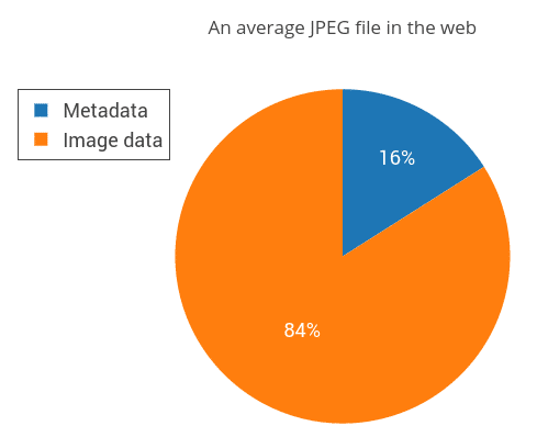 ウェブ上の平均的な JPEG ファイルに占めるメタデータ(16%)と画像データ(84%)の割合を示した Dexecure の円グラフ