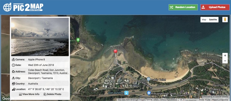 Pic2Map で写真の撮影場所と撮影日時を地図上に表示した例